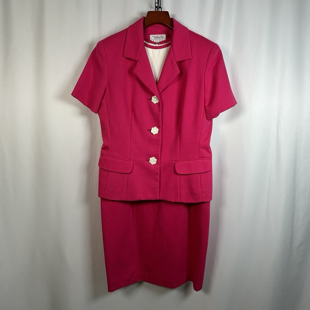 VTG Talbots Petite Size 8P Skirt Suit 2 Piece Pink & White 100% Cotton USA Made